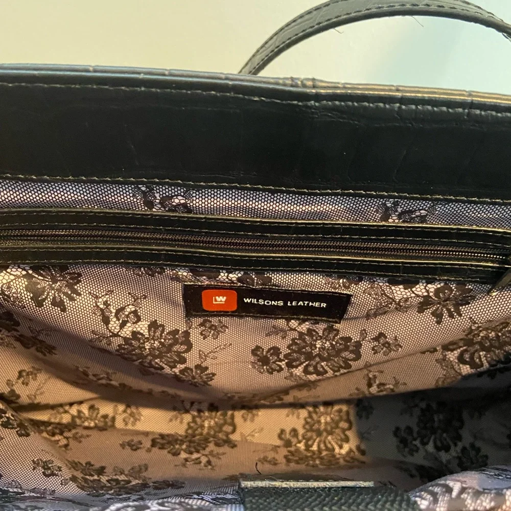 Wilsons Leather Black Croc-Embossed Laptop Tote with Top Handles